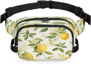 Lemon Flower Leaf Watercolour Waterproof Fanny Pack for Women Men Adjustable Waist Bag with Double Zipper Pockets Lightweight Square Hip Pack for Running Travel Hiking Workout Cycling