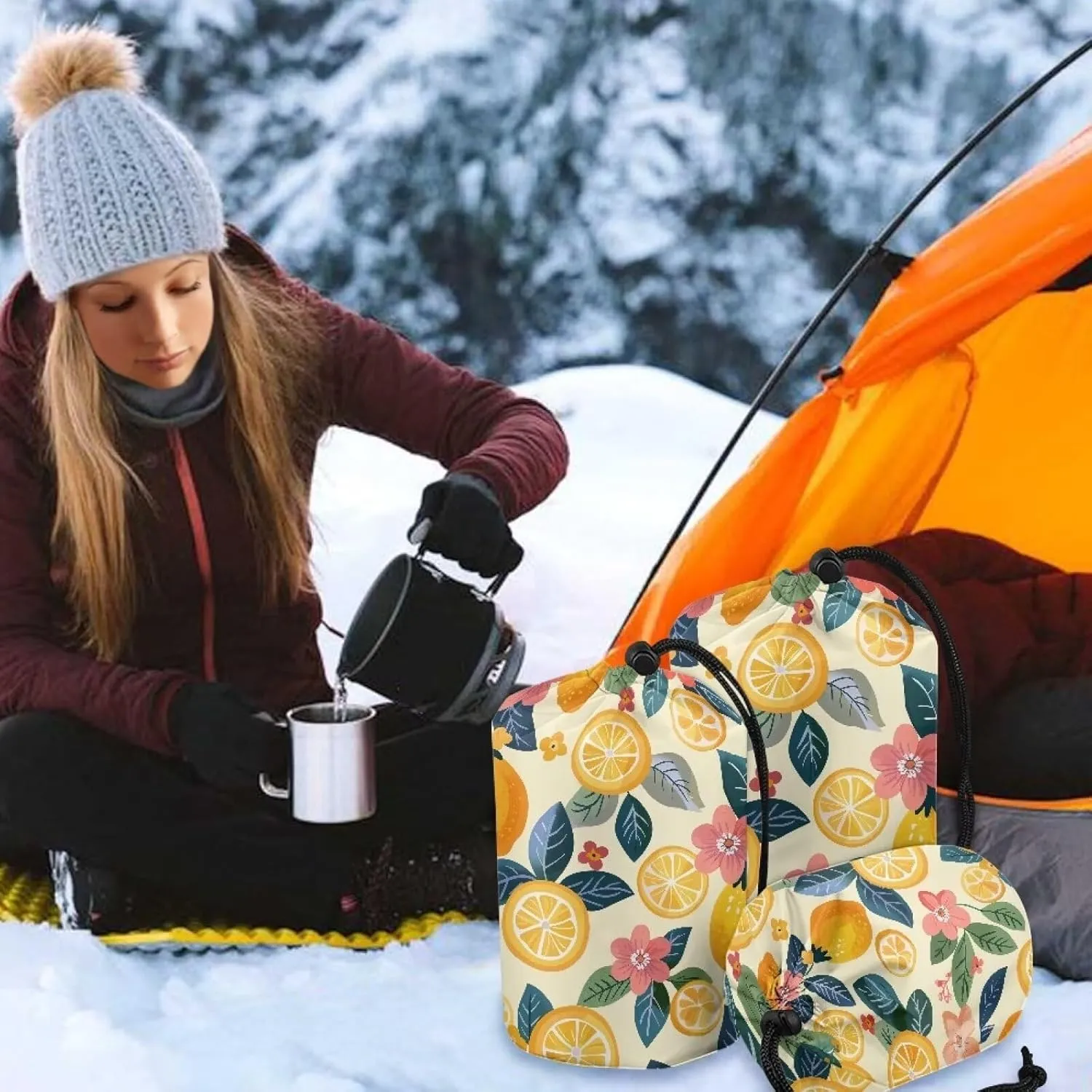 Lemon Pattern Stuff Bag Waterproof Drawstring Bag Ultralight Sleeping Bag Stuff Sack for Traveling Hiking Backpacking Set of 3