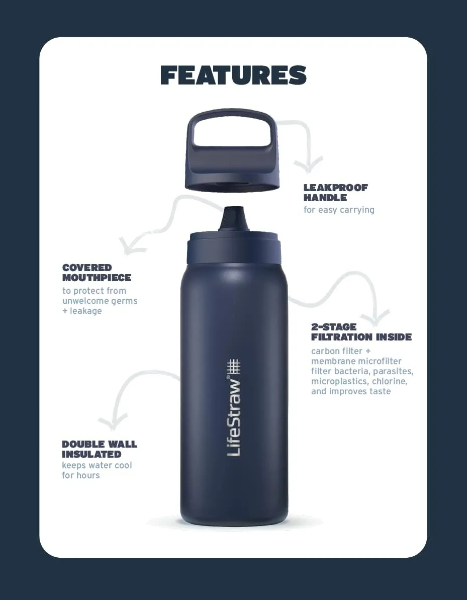 LifeStraw Go Series – Insulated Stainless Steel Water Filter Bottle for Travel and Everyday Use, Removes Bacteria, Parasites and Microplastics, Improves Taste, 18oz Kyoto Orange