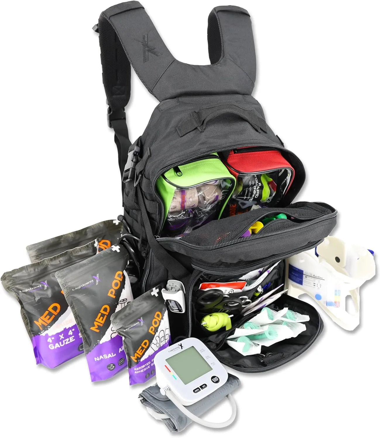 Lightning X Fully Stocked TacMed First Responder Trauma Medical Backpack EMT Kit | MB45-SKF | w/Professional First Aid Emergency Supplies (Black)