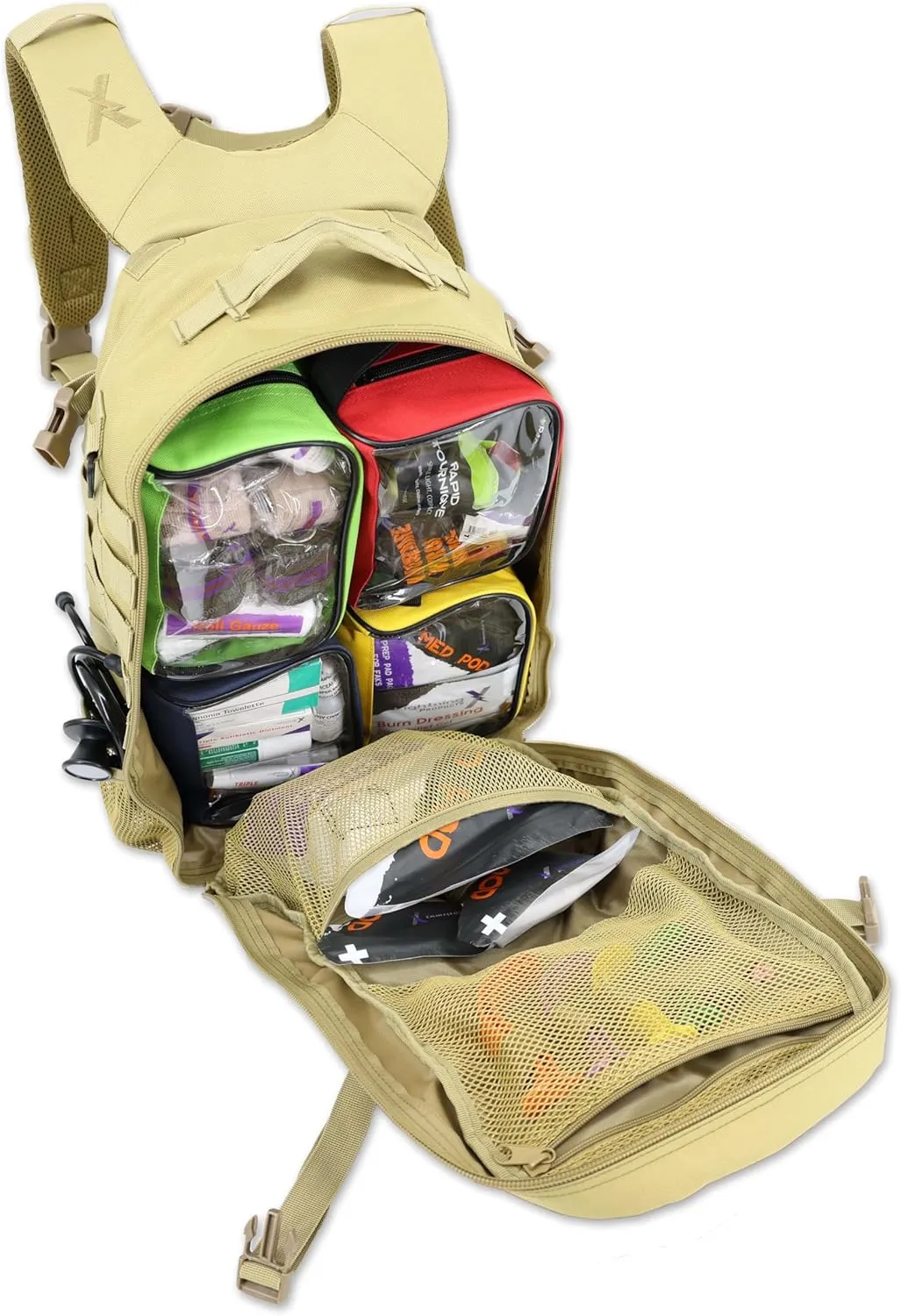 Lightning X Fully Stocked TacMed First Responder Trauma Medical Backpack EMT Kit | MB45-SKF | w/Professional First Aid Emergency Supplies (Tan)