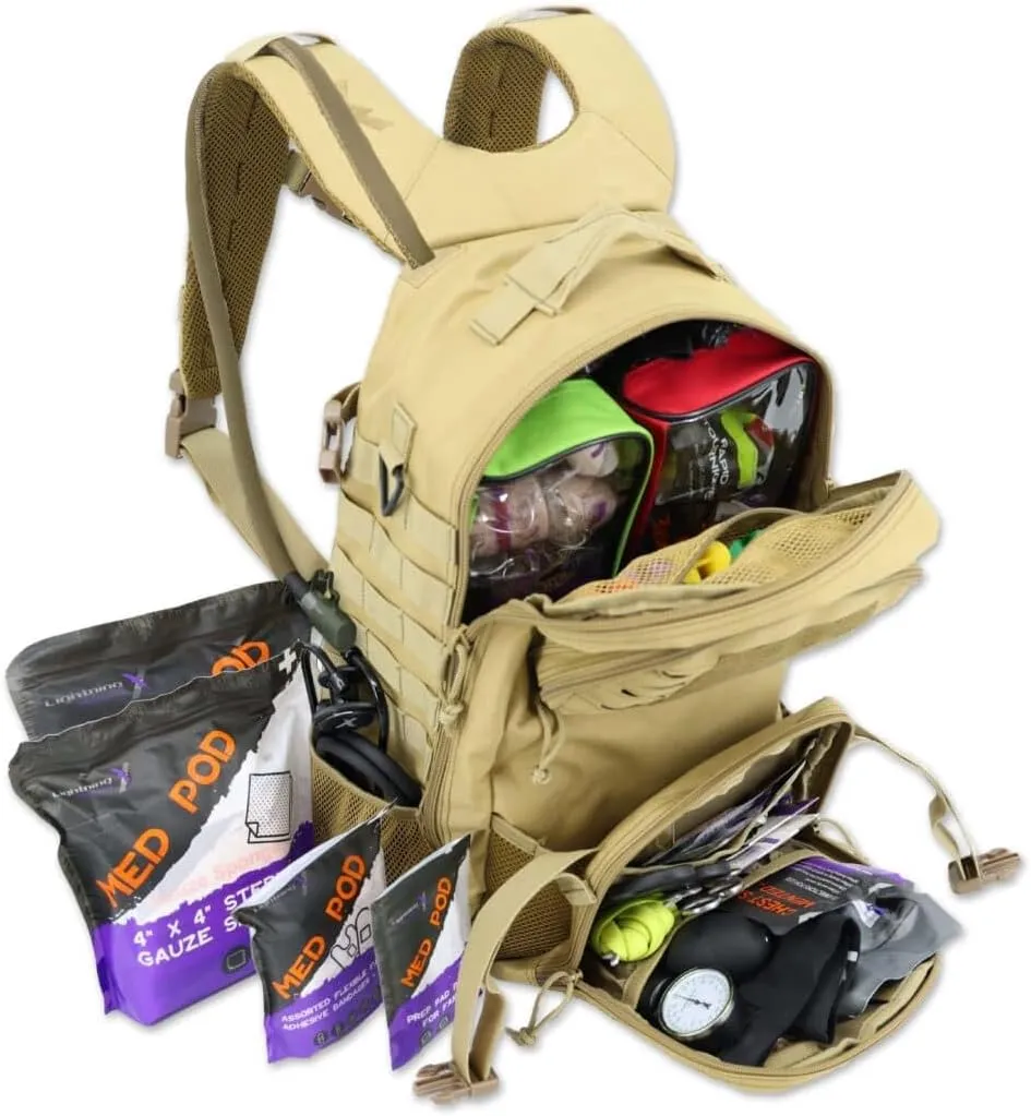 Lightning X Stocked Modular Trauma & Bleeding First Aid Responder Medical Backpack   Kit (Tan w/Hydration Bladder)