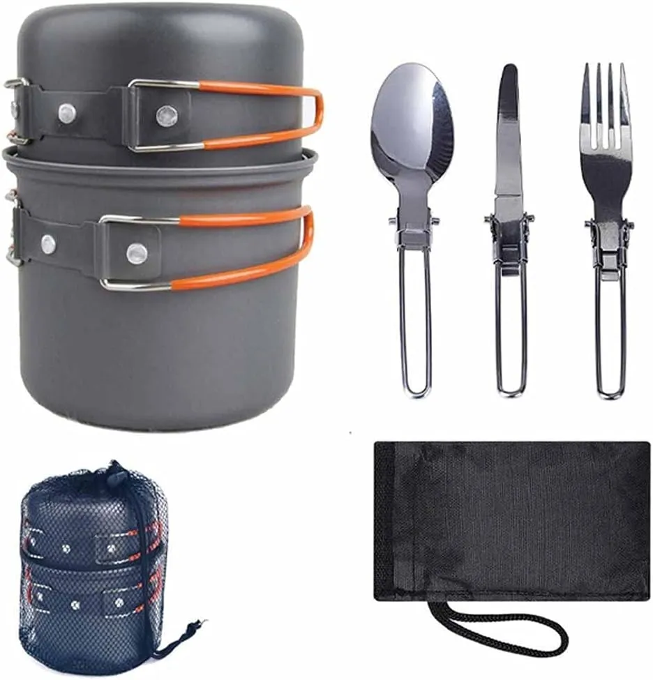 Lightweight Aluminum Alloy Camping Pot Hiking Picnic Tourist Tableware Set Outdoor Stove Pot Pan Plastic Bowl Outdoor Cookware(Color:E)