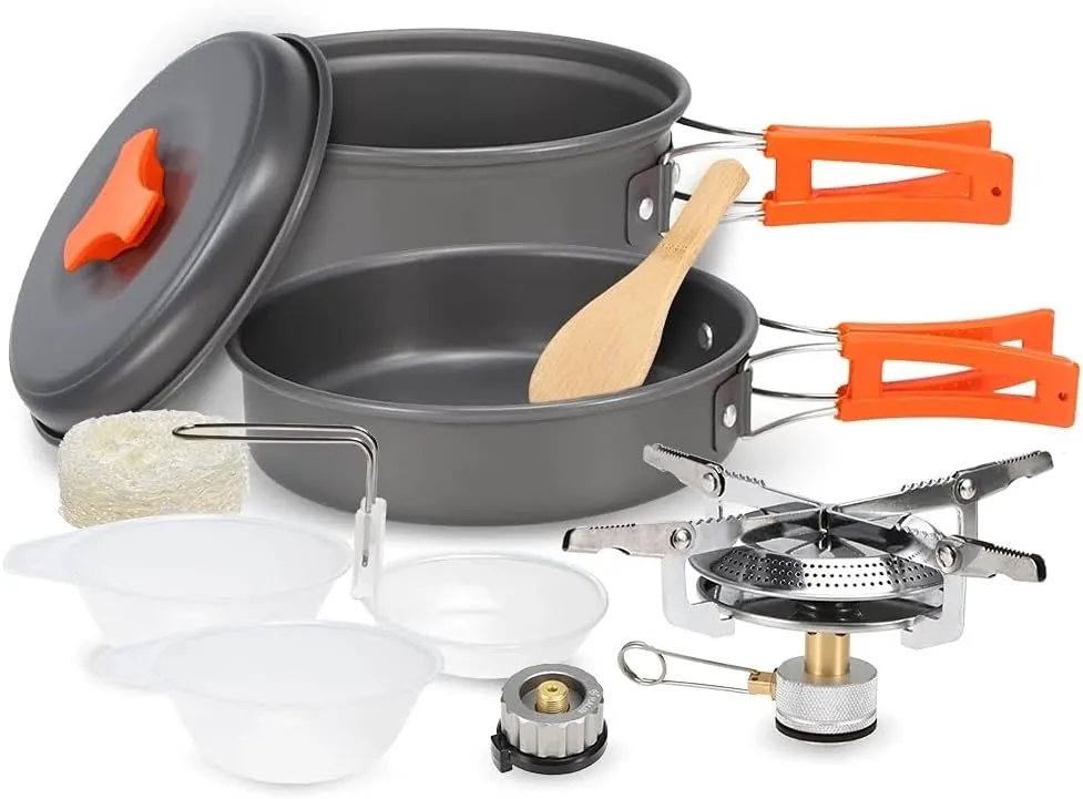 Lightweight Aluminum Alloy Camping Pot Hiking Picnic Tourist Tableware Set Outdoor Stove Pot Pan Plastic Bowl Outdoor Cookware(Color:E)