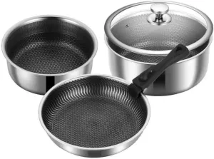 Lightweight Detachable Pot Set of Three Pieces, Universal Stainless Steel Small Pot, Outdoor Camping Portable Multi-Functional Frying Pan