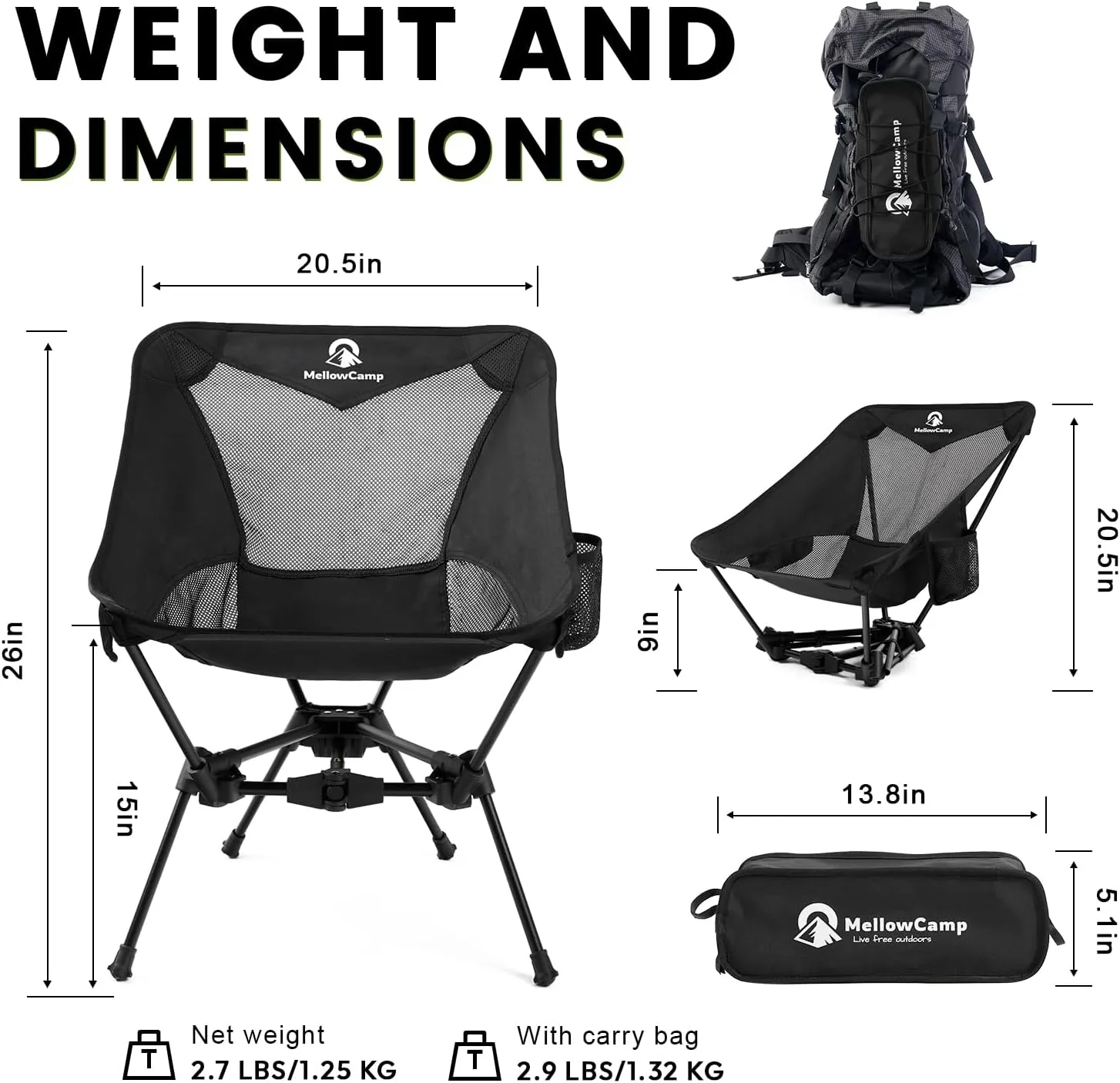 Lightweight Folding Camping Chair with Cup Holder & Side Pocket 2.7lbs Portable Camping Chair 330lbs Capacity for Beach, Hiking, Backpacking, Roadtrip (Dark Night)