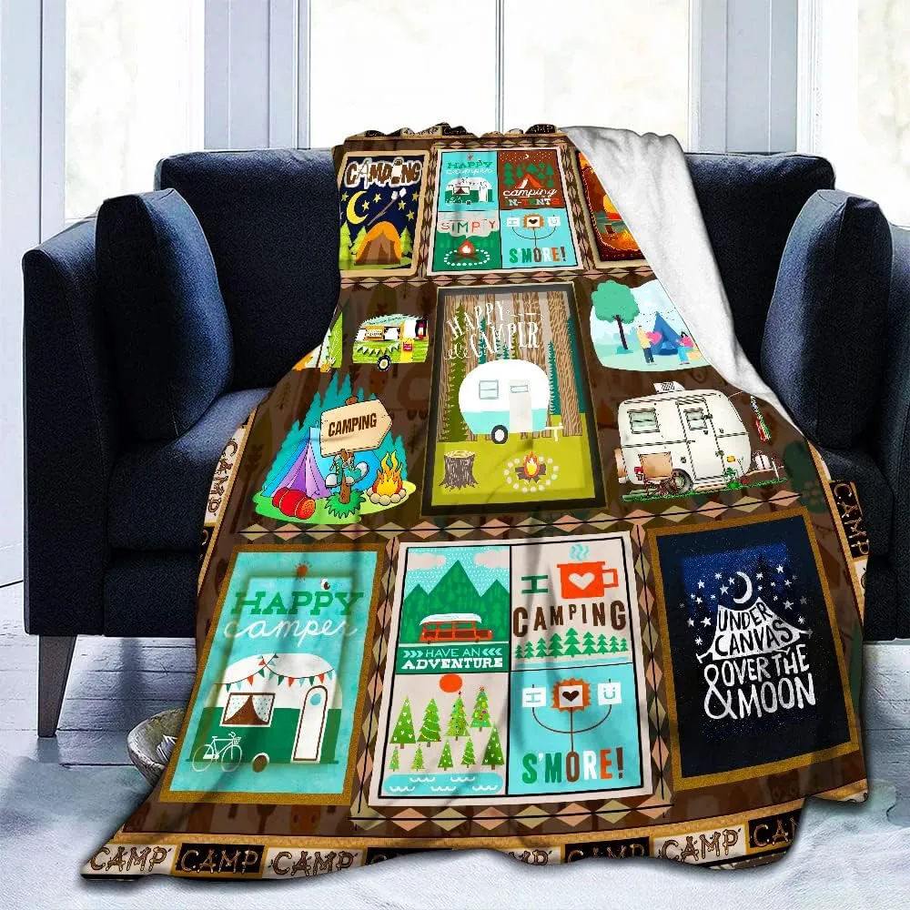 LINGXUQK Camping Flannel Fleece Blanket Retro Camping Bus Flannel Blanket Camper Decor Happy Camper Lightweight Warm and Comfortable Plush Blanket