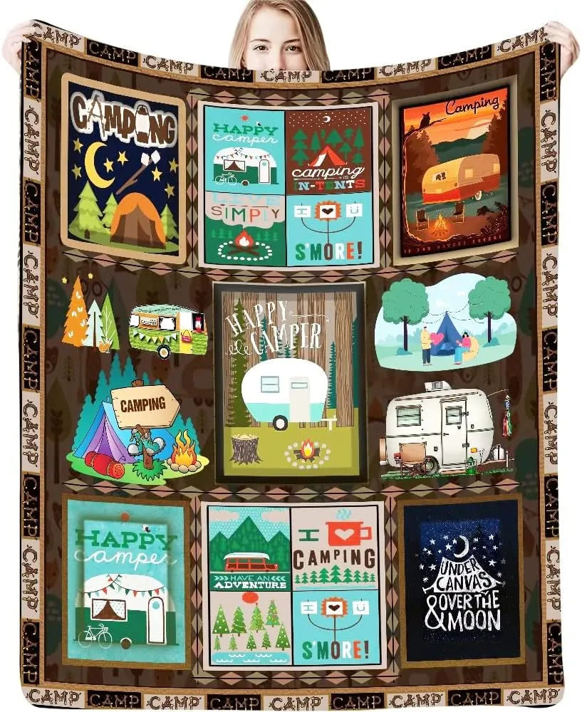 LINGXUQK Camping Flannel Fleece Blanket Retro Camping Bus Flannel Blanket Camper Decor Happy Camper Lightweight Warm and Comfortable Plush Blanket