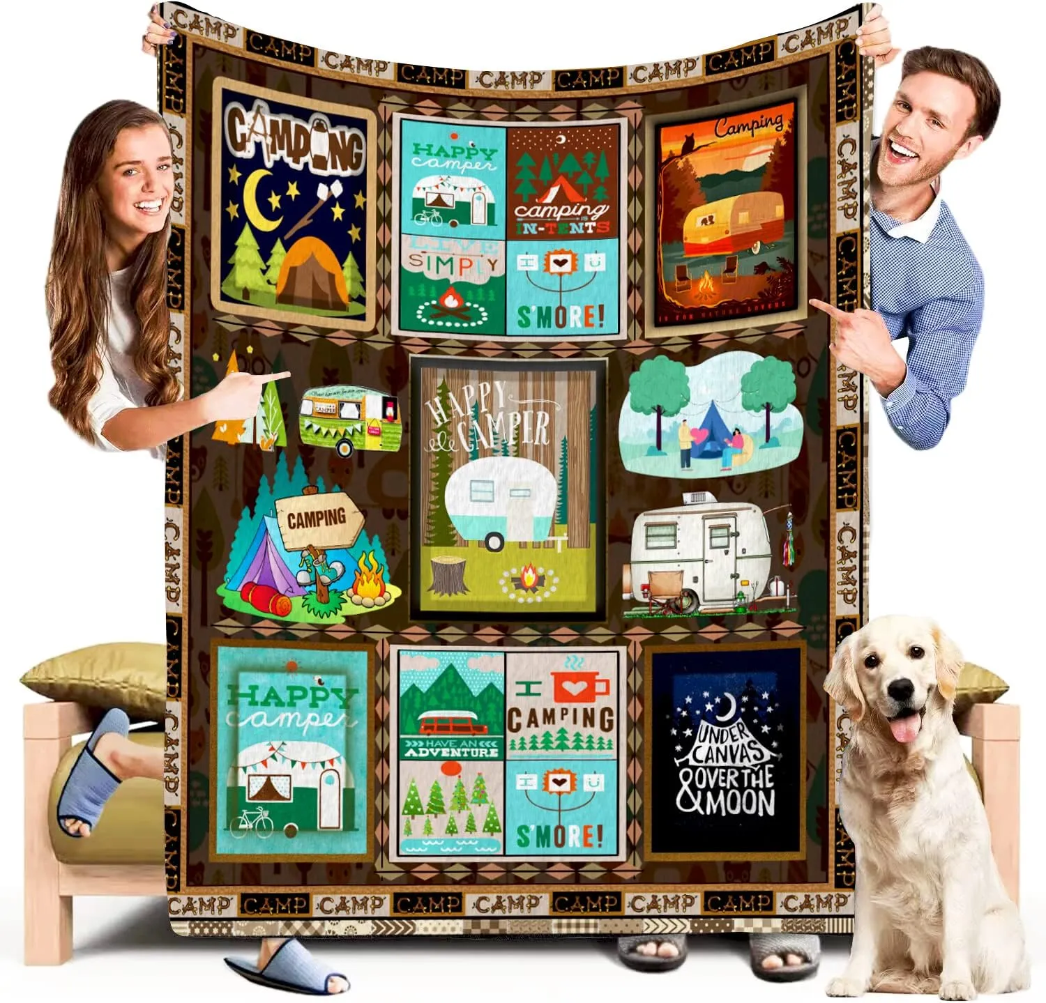 LINGXUQK Camping Flannel Fleece Blanket Retro Camping Bus Flannel Blanket Camper Decor Happy Camper Lightweight Warm and Comfortable Plush Blanket