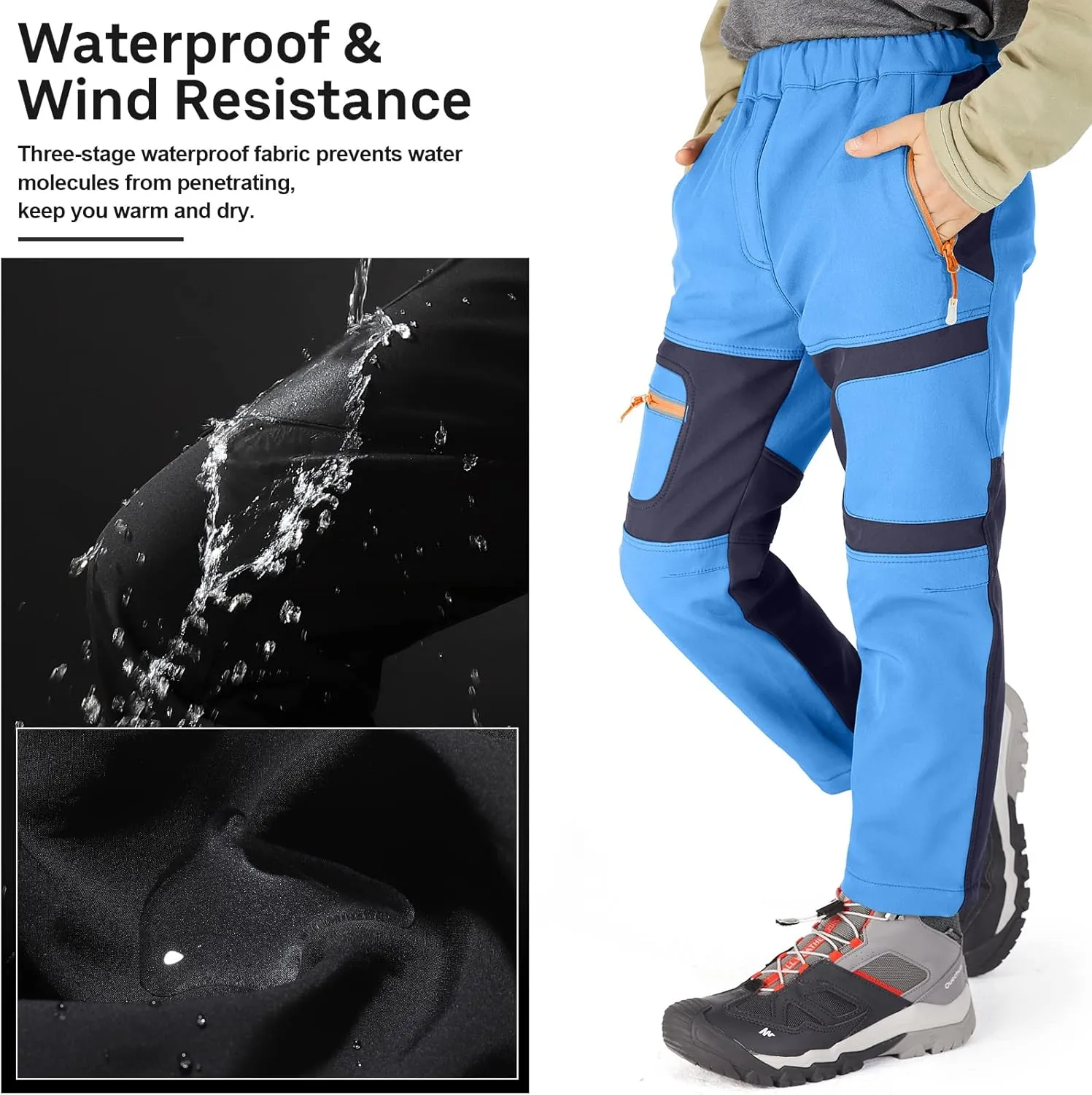 linlon Kids Boy's Snow Waterproof Pants Youth Fleece Lind Hiking Softshell Warm Insulated Trousers