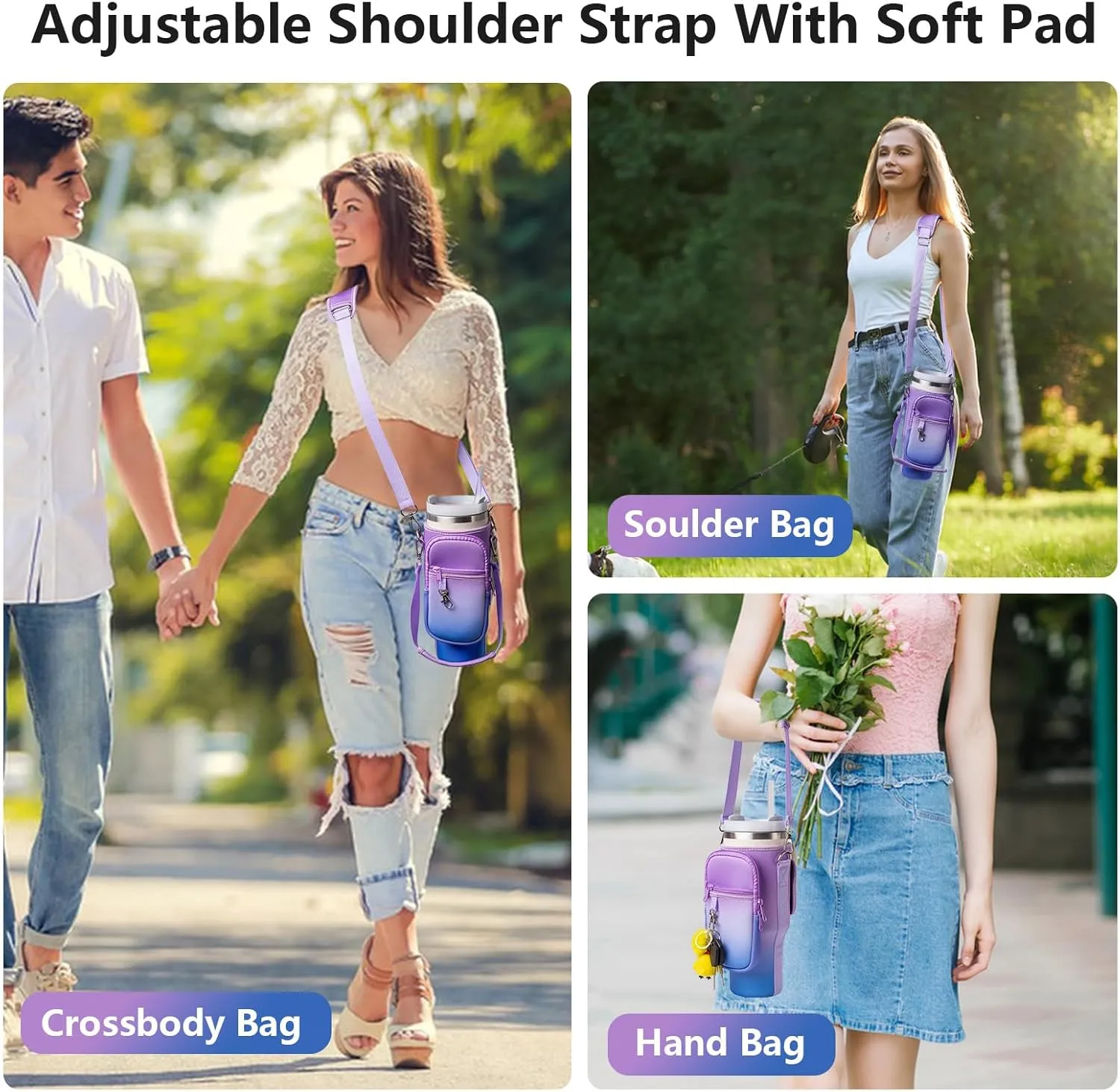 linmaya Water Bottle Carrier Bag with Phone Pocket for Stanley Cup 40/30oz,Insulated Neoprene Water Bottle Holder Cross-boday Bag with Adjustable Shoulder & Handheld Strap Stanley Cup Accessories