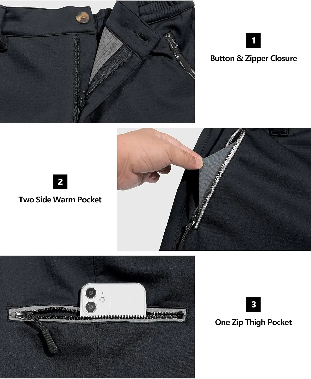 Little Donkey Andy Men's Fleece Lined Hiking Pants Winter, Softshell Snow Ski Pants Outdoor, Water Repellent