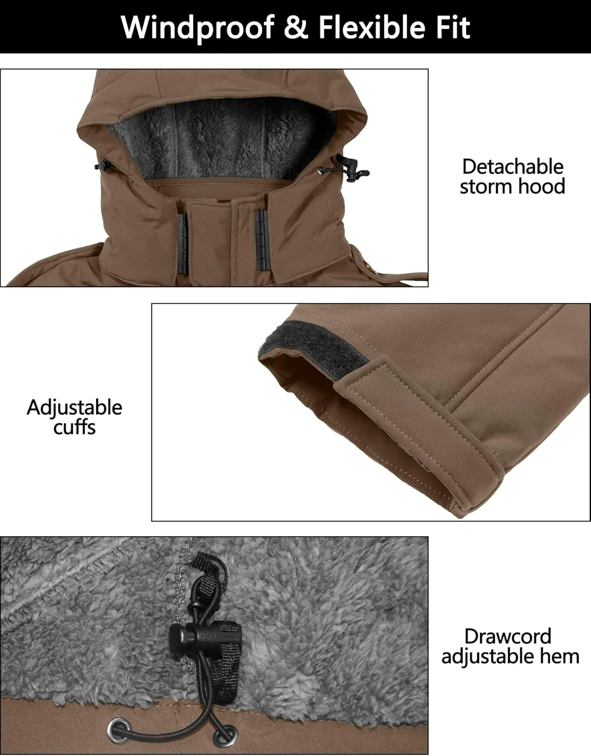 Little Donkey Andy Men's Warm Sherpa Lined Winter Softshell Jacket Windproof Mountain Ski Snow Coat with Removable Hood