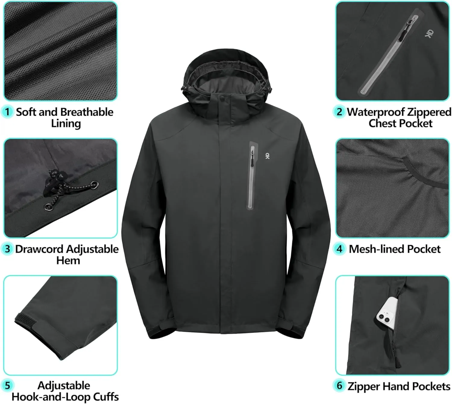 Little Donkey Andy Men's Waterproof Rain Jacket with Detachable Hood Outdoor Raincoat for Hiking Travel Cycling