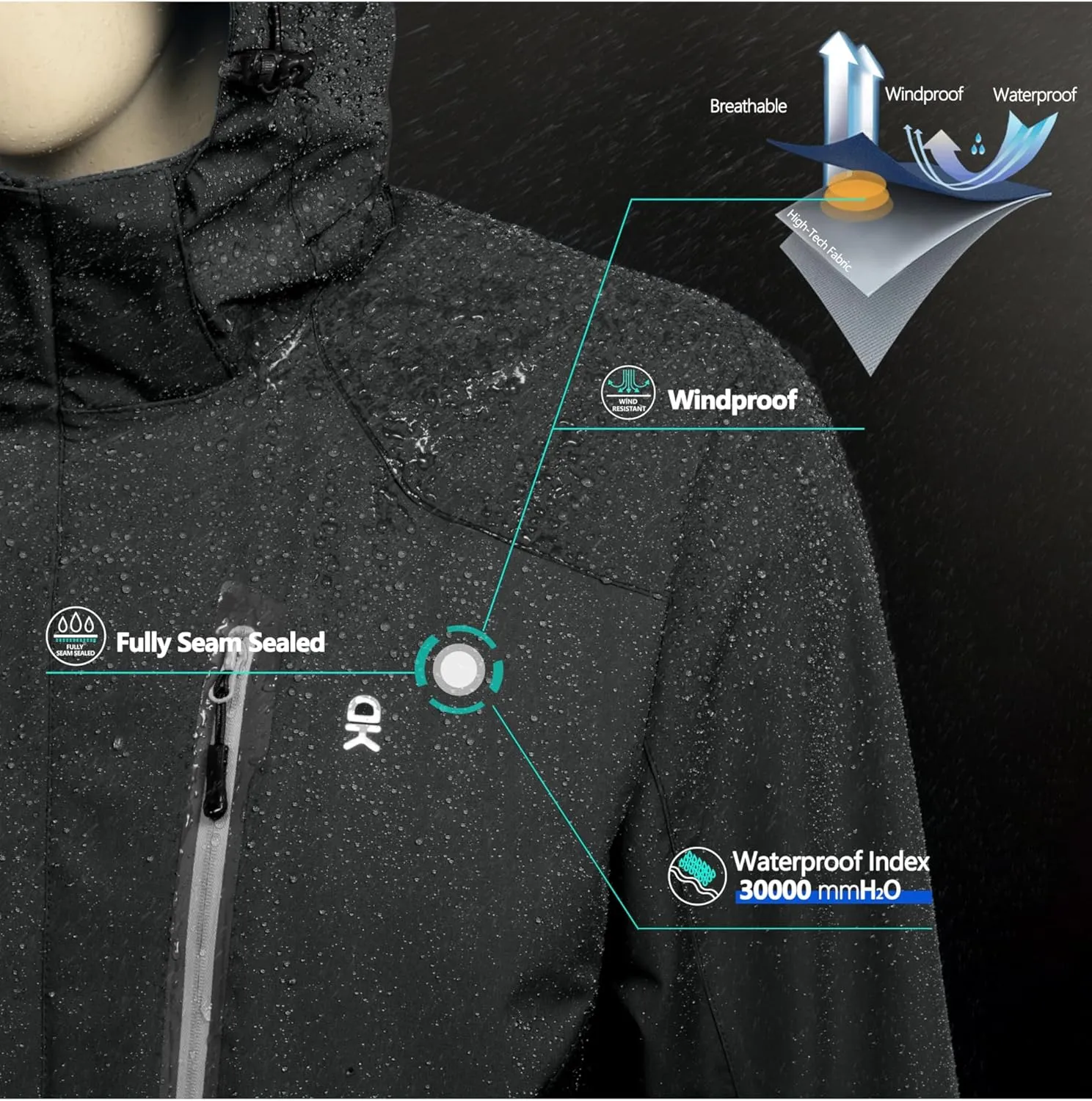 Little Donkey Andy Men's Waterproof Rain Jacket with Detachable Hood Outdoor Raincoat for Hiking Travel Cycling