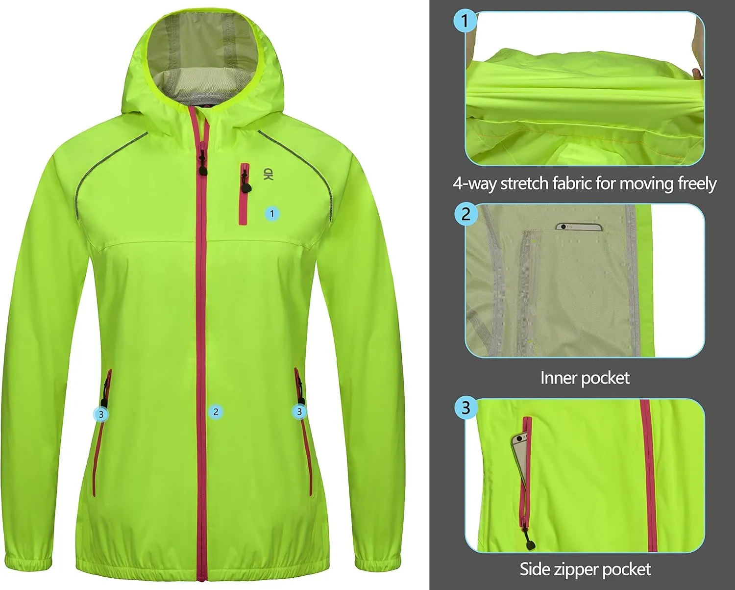 Little Donkey Andy Women's Lightweight Rain Cycling Stretch Jacket with Hood, Windproof and Waterproof, Ultralight Packable