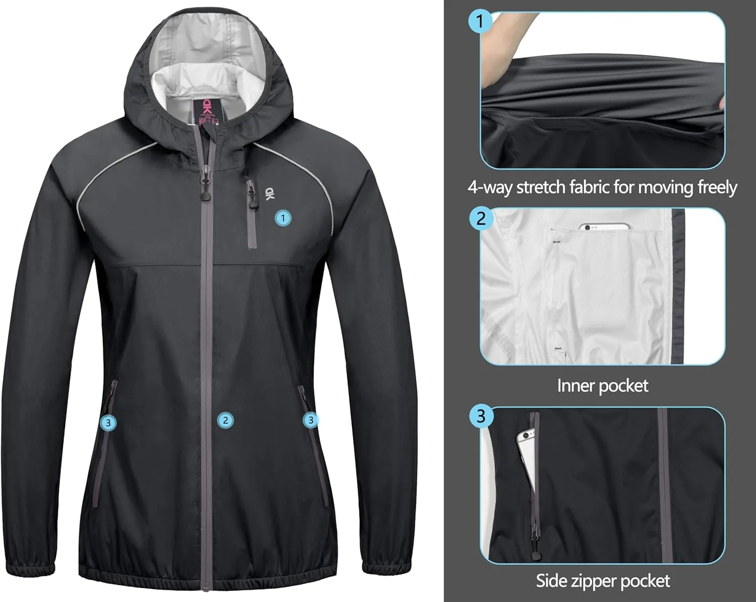 Little Donkey Andy Women's Lightweight Rain Cycling Stretch Jacket with Hood, Windproof and Waterproof, Ultralight Packable