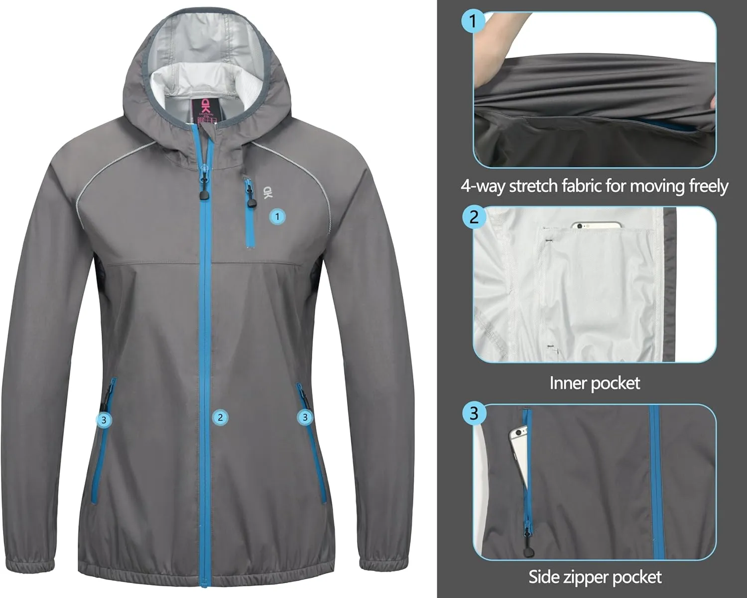 Little Donkey Andy Women's Lightweight Rain Cycling Stretch Jacket with Hood, Windproof and Waterproof, Ultralight Packable