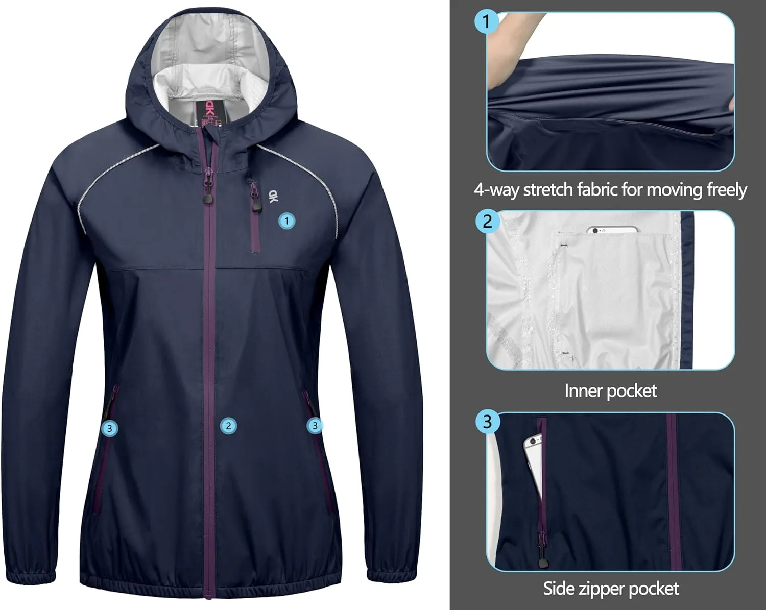 Little Donkey Andy Women's Lightweight Rain Cycling Stretch Jacket with Hood, Windproof and Waterproof, Ultralight Packable