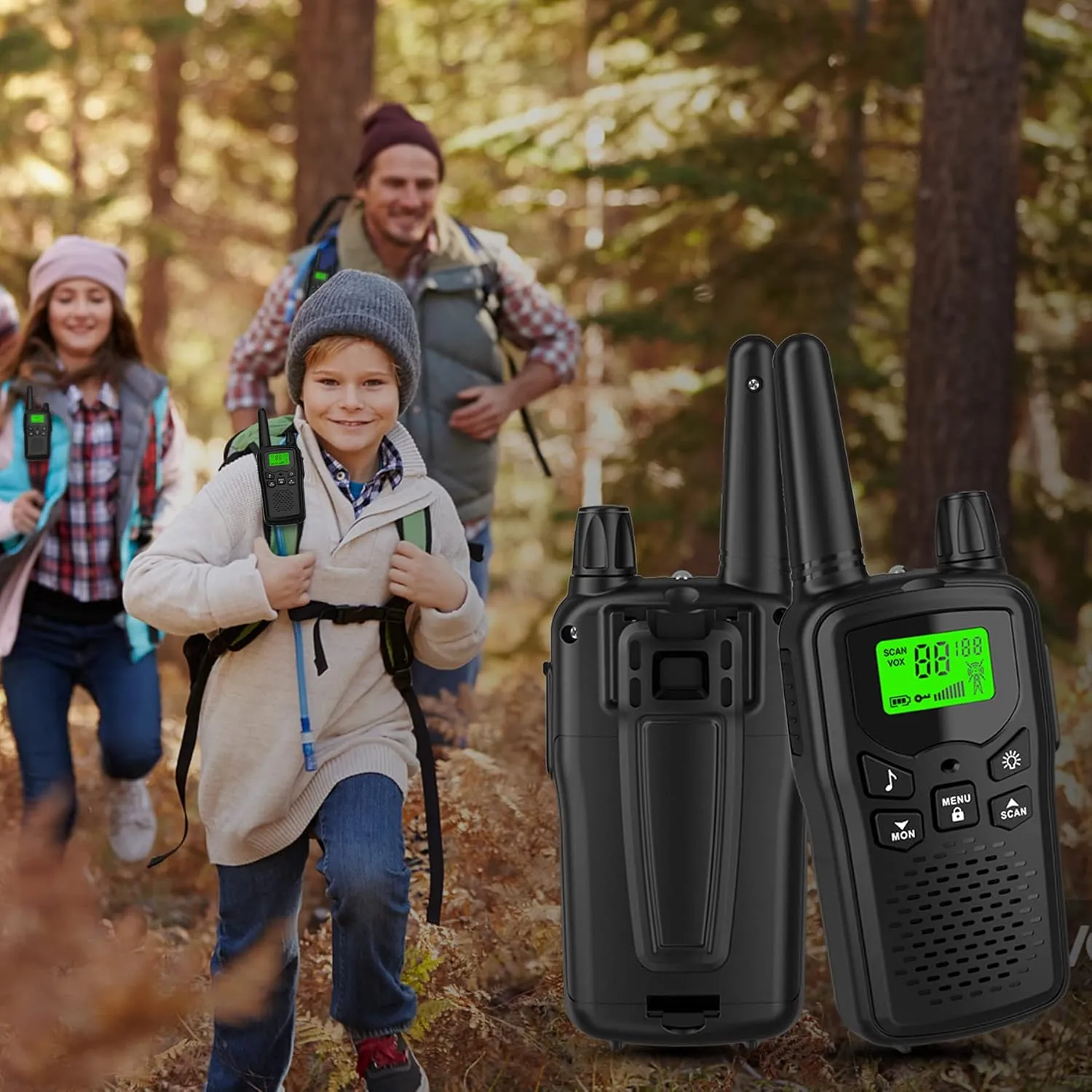 Long Range Walkie Talkies with 22 FRS Channels, Adults with Lamp, VOX, LCD Display for Outdoor Activities - Black