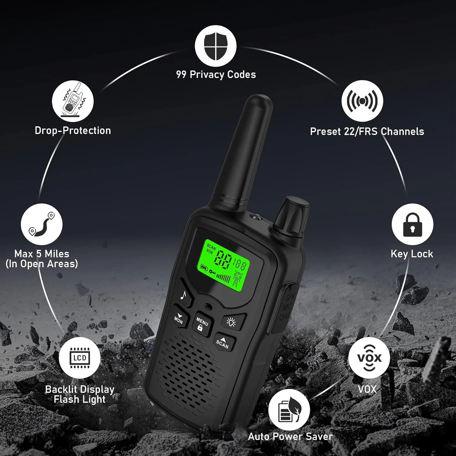 Long Range Walkie Talkies with 22 FRS Channels, Adults with Lamp, VOX, LCD Display for Outdoor Activities - Black
