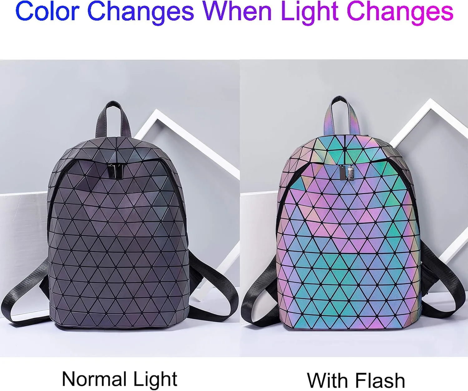 LorranTree Geometric Backpack Luminous Backpacks Holographic Reflective Bag Lumikay Bags Irredescent Rucksack Rainbow