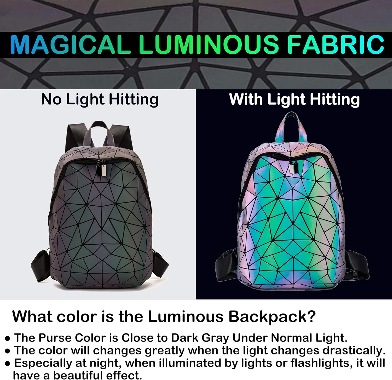 LorranTree Geometric Backpack Luminous Backpacks Holographic Reflective Bag Lumikay Bags Irredescent Rucksack Rainbow