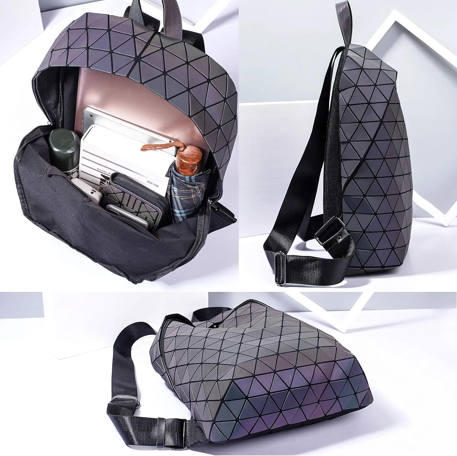 LorranTree Geometric Backpack Luminous Backpacks Holographic Reflective Bag Lumikay Bags Irredescent Rucksack Rainbow