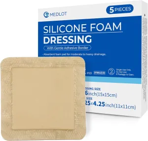 LotFancy Silicone Foam Dressing, 6"x 6" (4.3"x 4.3" Pad), 5 Count, Sterile Wound Dressing with Border, Bed Sores, Pressure Ulcers, Emergency Wound Care Bandages, Highly Absorbent, Waterproof