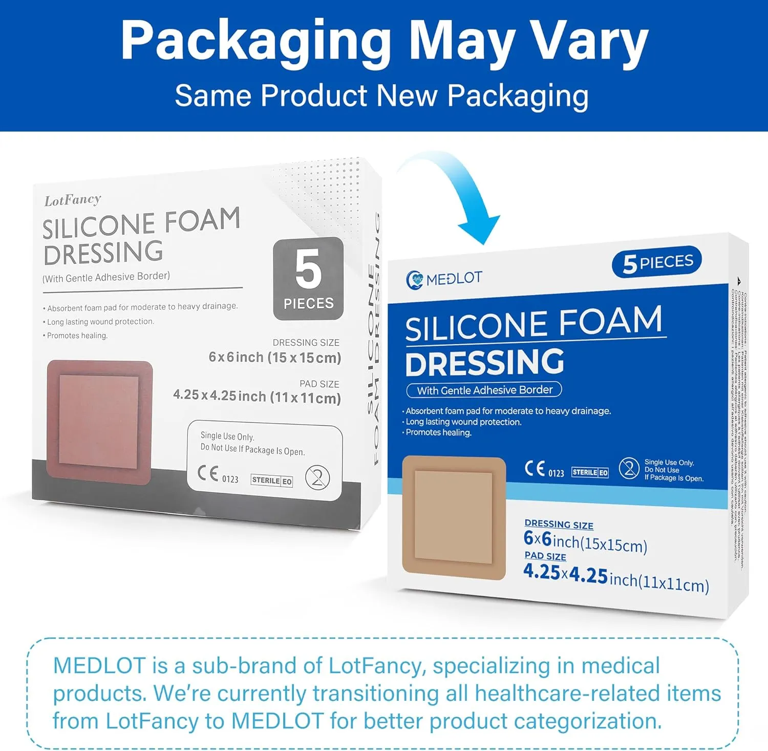 LotFancy Silicone Foam Dressing, 6"x 6" (4.3"x 4.3" Pad), 5 Count, Sterile Wound Dressing with Border, Bed Sores, Pressure Ulcers, Emergency Wound Care Bandages, Highly Absorbent, Waterproof
