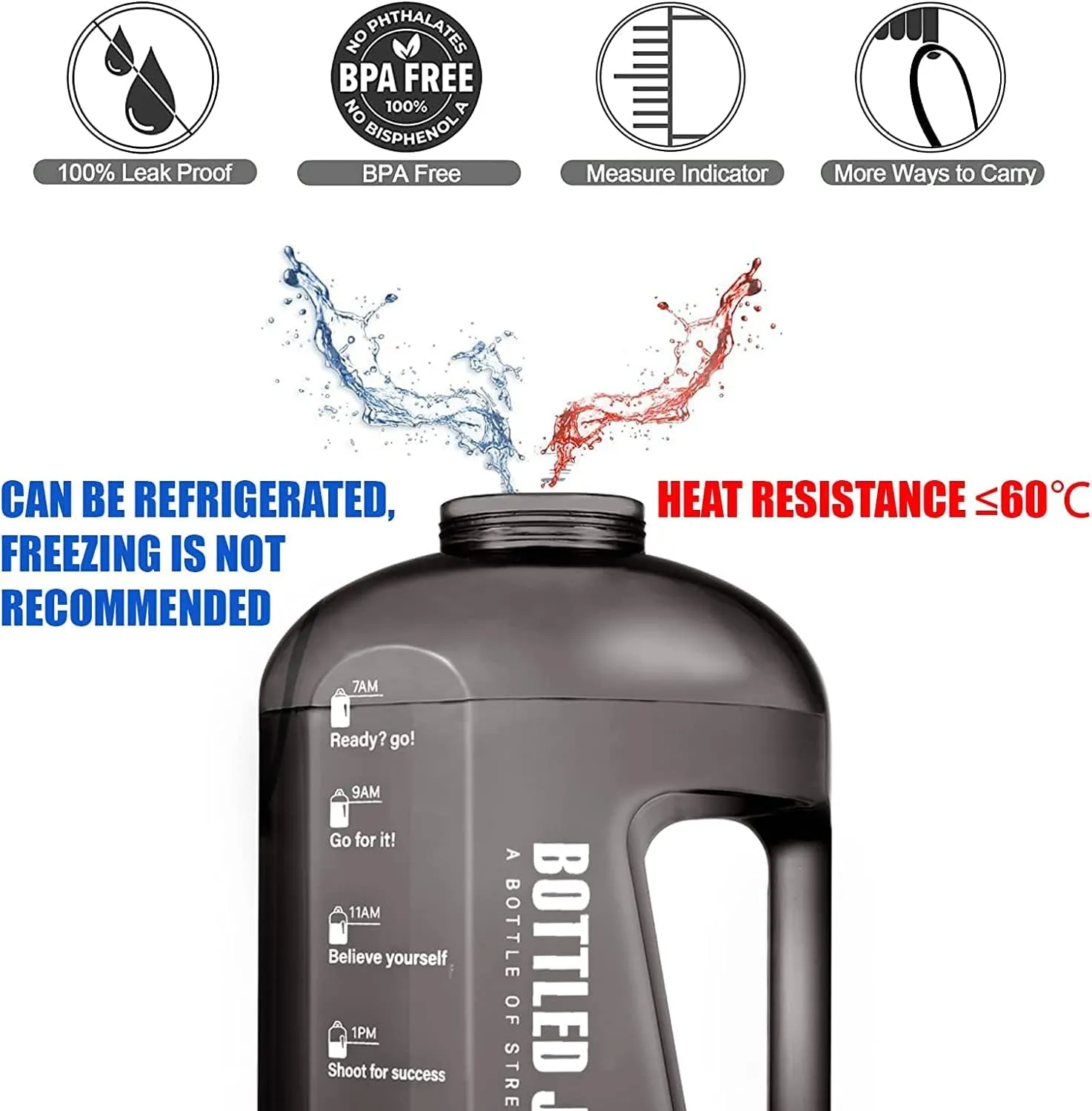 Louis Donné 52oz Water Bottle, Large Water Bottle With Time Marker&Handle&Brush, For Bottled Joy Sports Jug, BPA Free Leakproof Sports Water Bottle for Gym, Camping, Outdoor - Grey