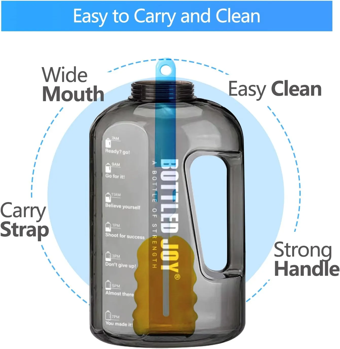 Louis Donné 52oz Water Bottle, Large Water Bottle With Time Marker&Handle&Brush, For Bottled Joy Sports Jug, BPA Free Leakproof Sports Water Bottle for Gym, Camping, Outdoor - Grey
