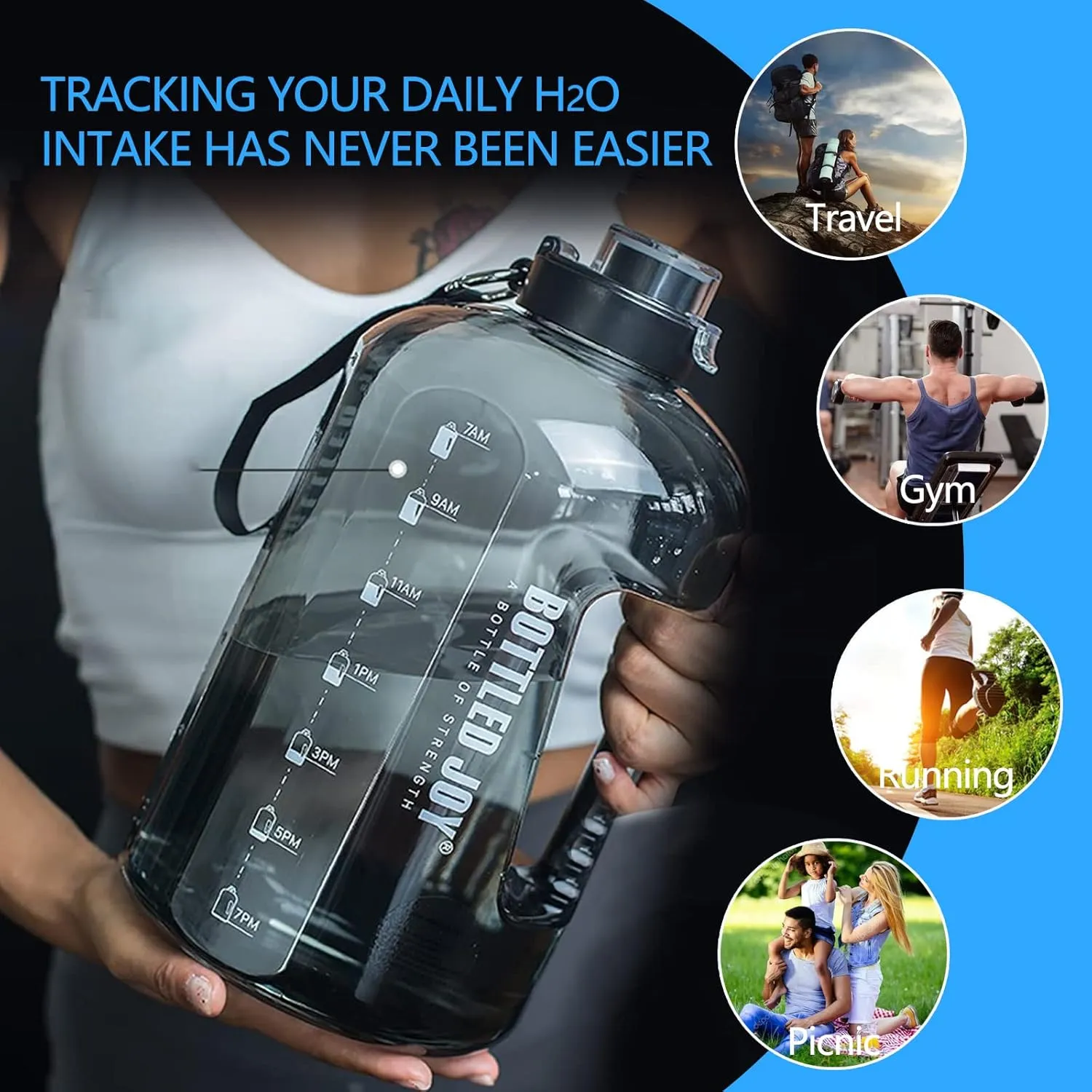 Louis Donné 52oz Water Bottle, Large Water Bottle With Time Marker&Handle&Brush, For Bottled Joy Sports Jug, BPA Free Leakproof Sports Water Bottle for Gym, Camping, Outdoor - Grey