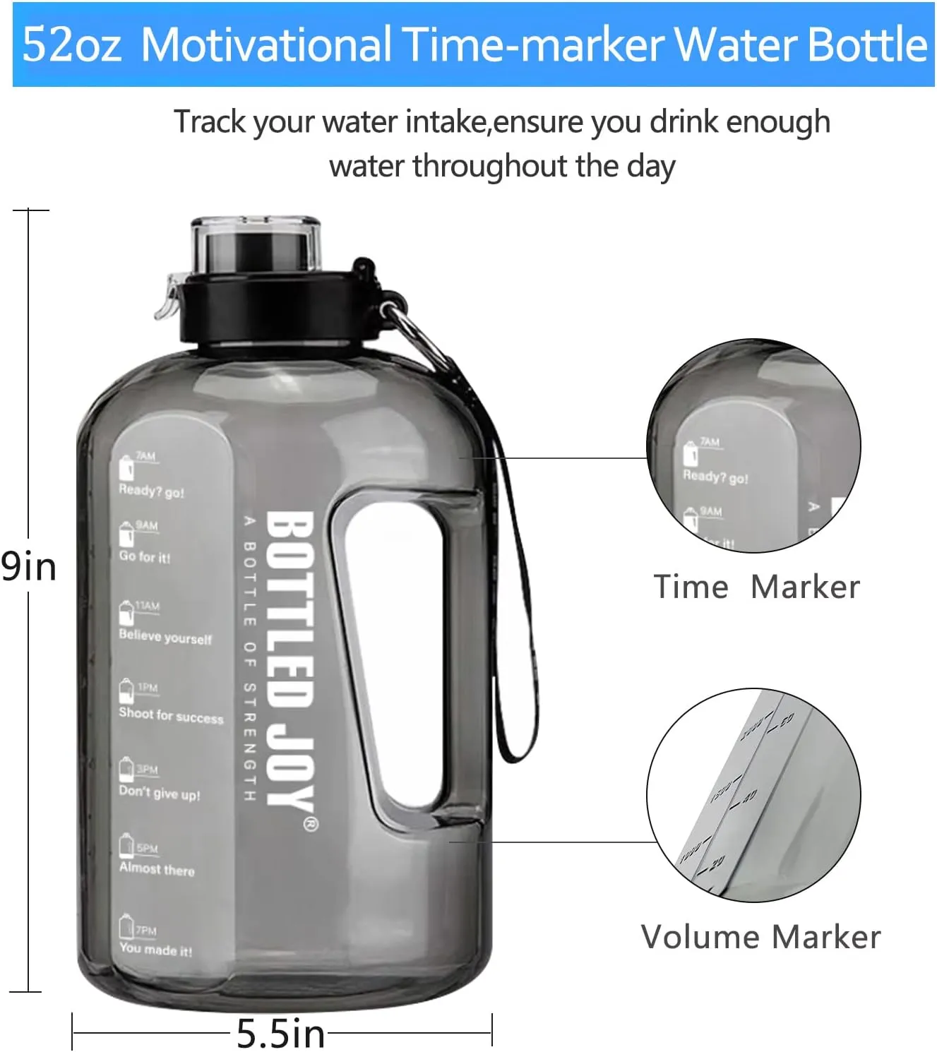 Louis Donné 52oz Water Bottle, Large Water Bottle With Time Marker&Handle&Brush, For Bottled Joy Sports Jug, BPA Free Leakproof Sports Water Bottle for Gym, Camping, Outdoor - Grey
