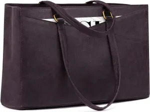 LOVEVOOK Women's Vintage Leather Work Tote, 15.6 Inch Laptop Bag, Waterproof Business Bag, Retro Purple