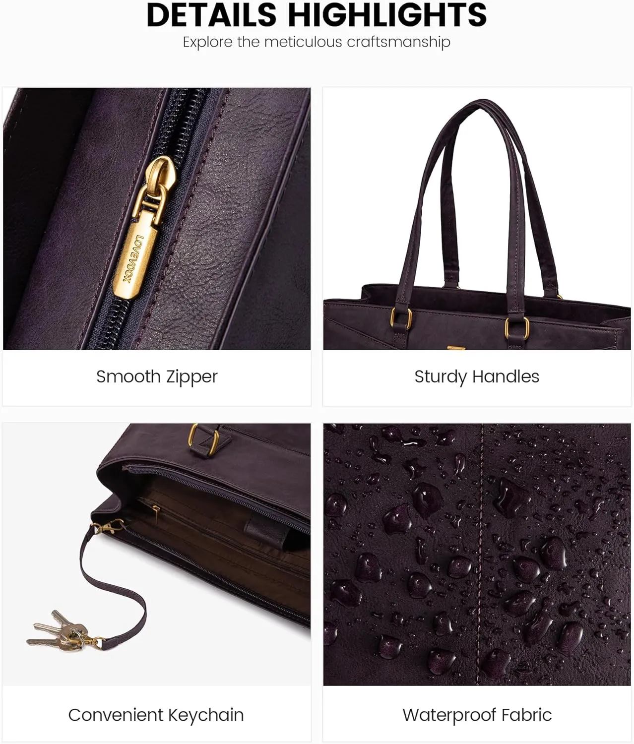 LOVEVOOK Women's Vintage Leather Work Tote, 15.6 Inch Laptop Bag, Waterproof Business Bag, Retro Purple