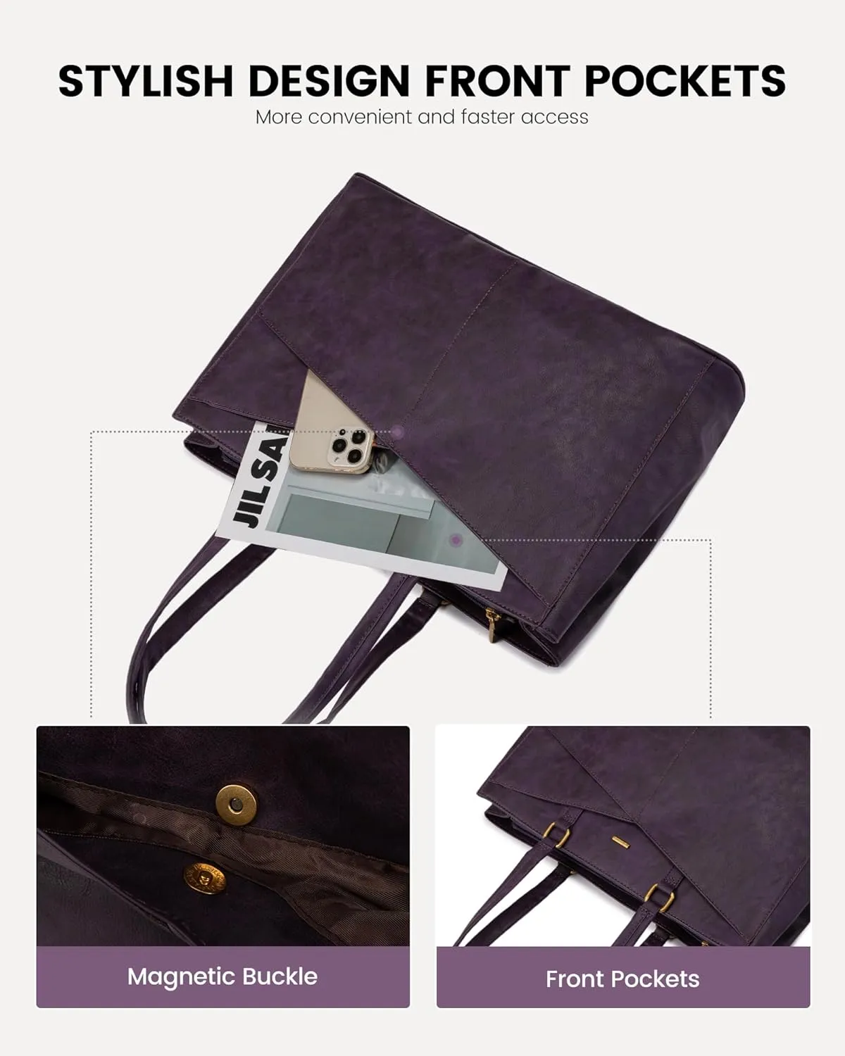 LOVEVOOK Women's Vintage Leather Work Tote, 15.6 Inch Laptop Bag, Waterproof Business Bag, Retro Purple