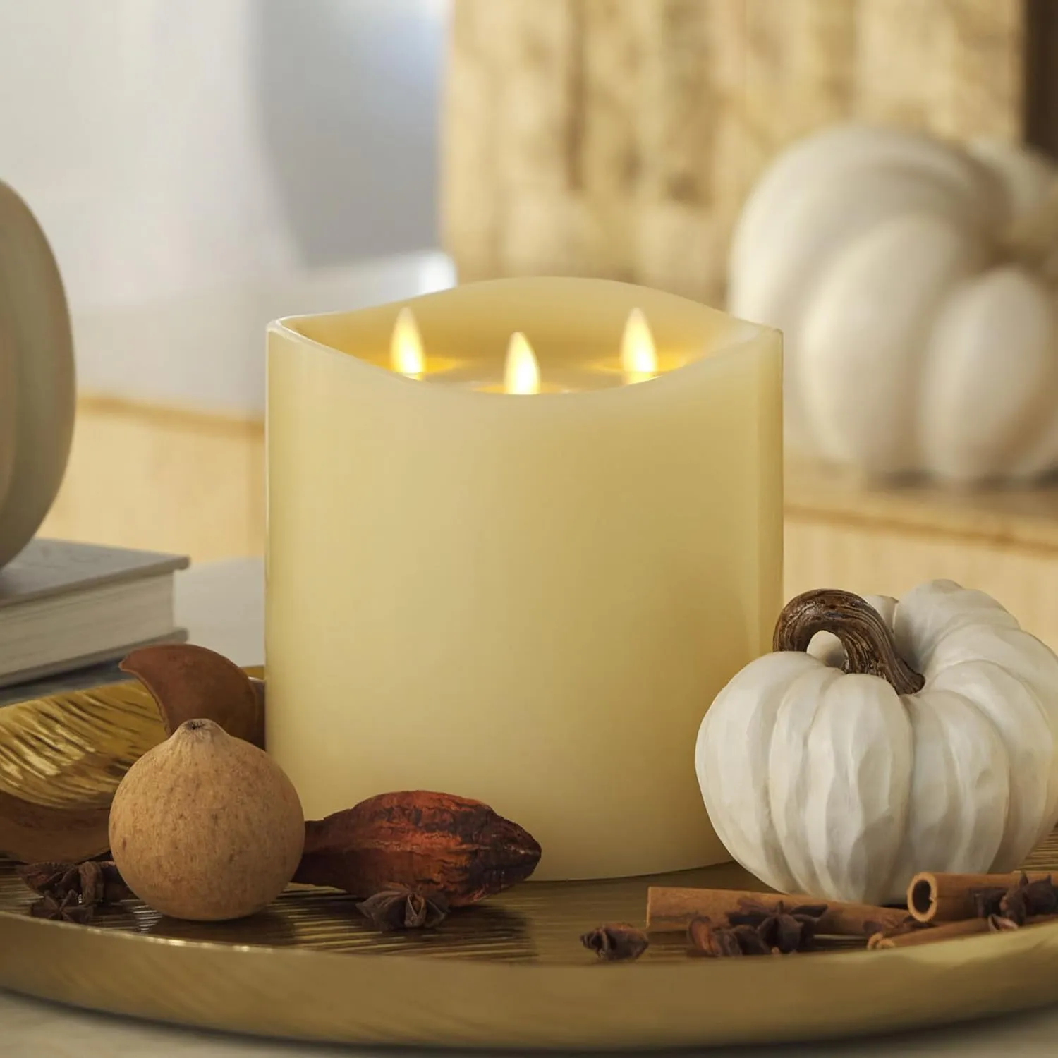 Luminara Tri-Flame Flameless LED Candle, Ivory 5.8" x 5.7", Moving Flame Real Wax Home Decor Battery Operated Emergency Light, Religious Ceremony Safe