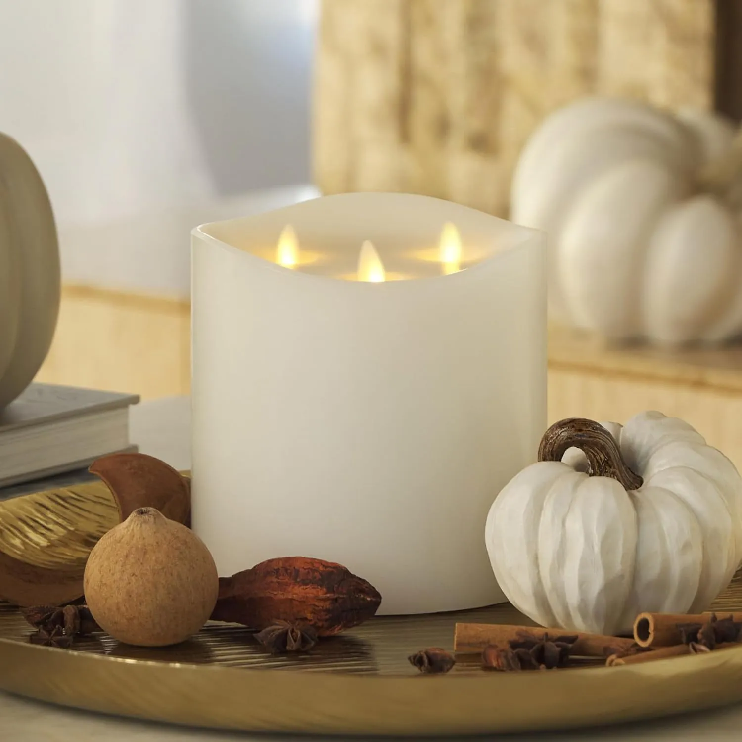Luminara Tri-Flame Flameless LED Candle, White 5.8" x 5.7", Moving Flame Real Wax Home Decor Battery Operated Emergency Light, Religious Ceremony Safe