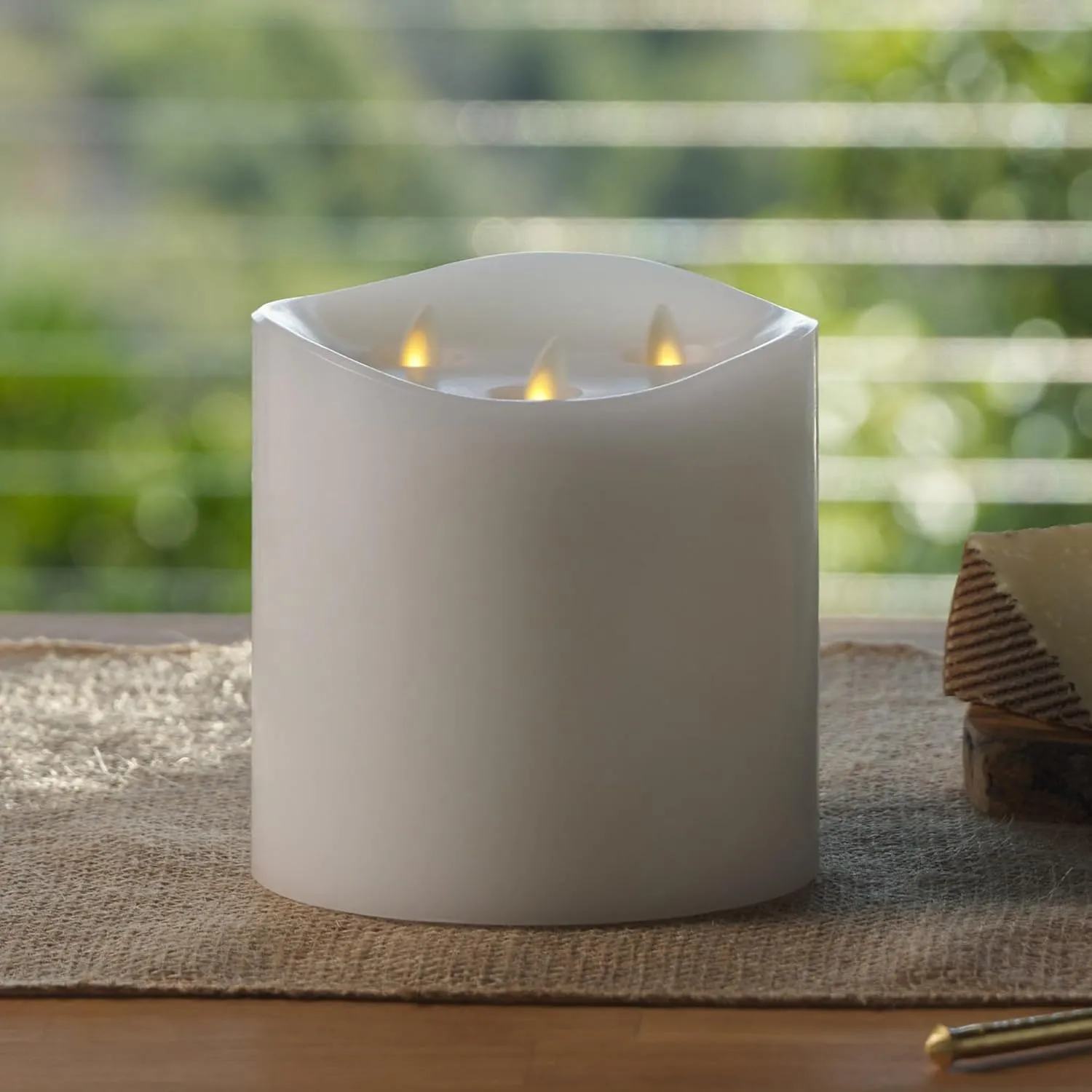 Luminara Tri-Flame Flameless LED Candle, White 5.8" x 5.7", Moving Flame Real Wax Home Decor Battery Operated Emergency Light, Religious Ceremony Safe