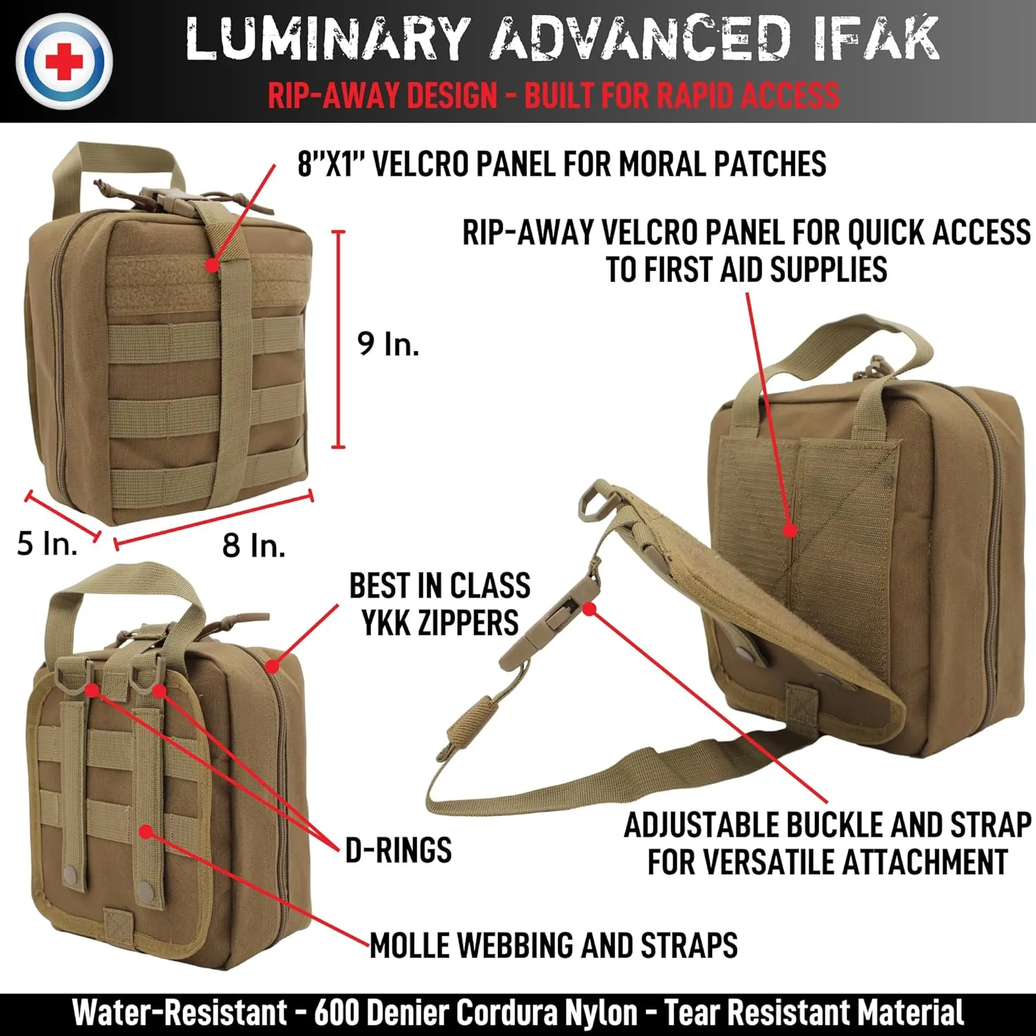 Luminary Advanced IFAK Stocked MOLLE Rip-Away Trauma Hemorrhage Control First Aid Kit with Headrest Mount Quick Release Panel Emergency Pack (Coyote Tan)