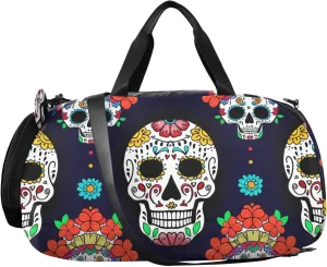 Luminous Sugar Skulls Kids Overnight Duffle Bag,Gymnastics Sports Dance Bag with Shoe Compartment & Wet Pocket, Travel Weekender Tote for Boys & Girls