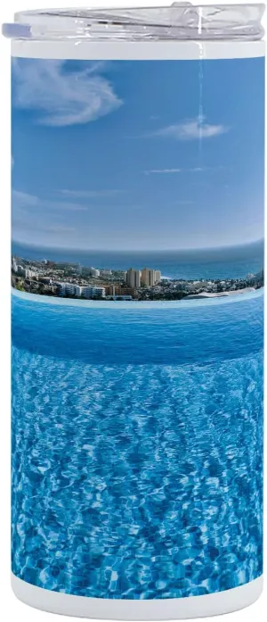 Lunarable Holiday 12 Oz Skinny Tumbler, View from Infinity Swimming Pool Tropical Seaside Villa Seascape Travel Destination Print, Vacuum Insulated Travel Canteen Cup Leakproof for Travel Picnic, Blue