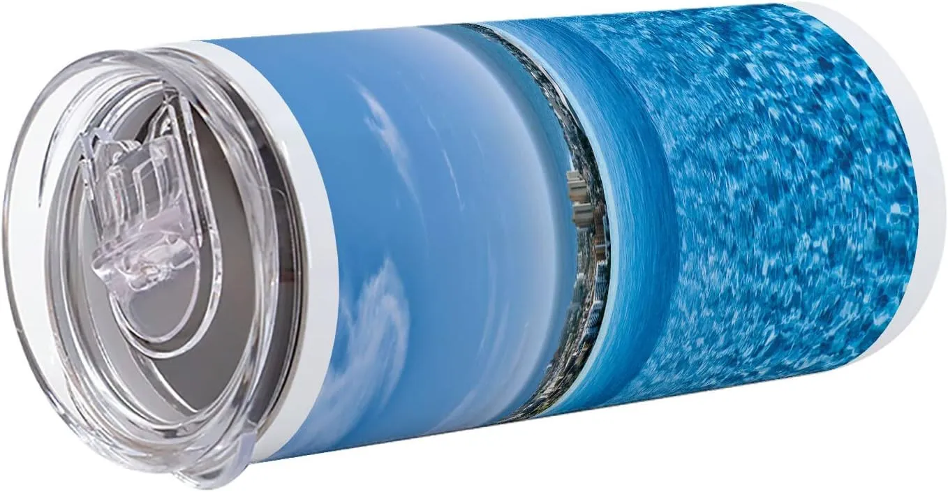 Lunarable Holiday 12 Oz Skinny Tumbler, View from Infinity Swimming Pool Tropical Seaside Villa Seascape Travel Destination Print, Vacuum Insulated Travel Canteen Cup Leakproof for Travel Picnic, Blue