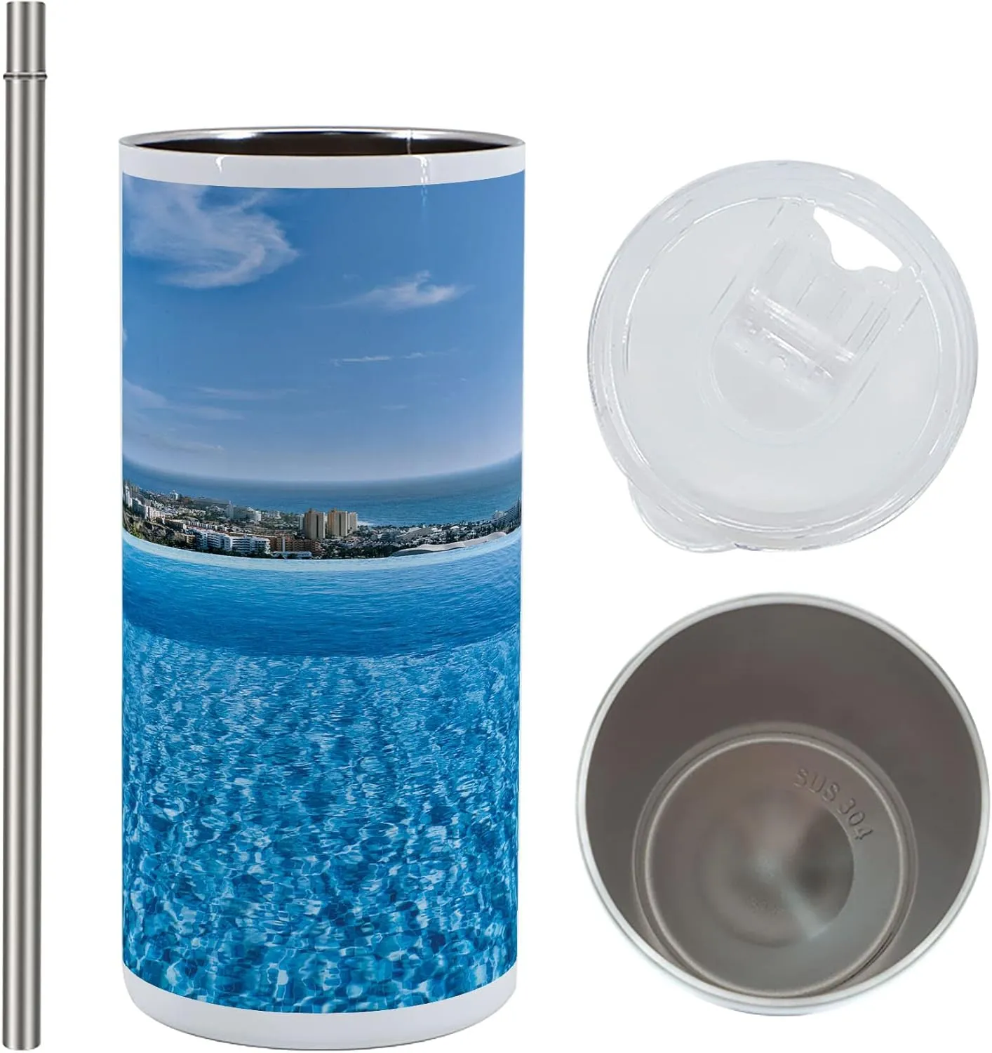 Lunarable Holiday 12 Oz Skinny Tumbler, View from Infinity Swimming Pool Tropical Seaside Villa Seascape Travel Destination Print, Vacuum Insulated Travel Canteen Cup Leakproof for Travel Picnic, Blue
