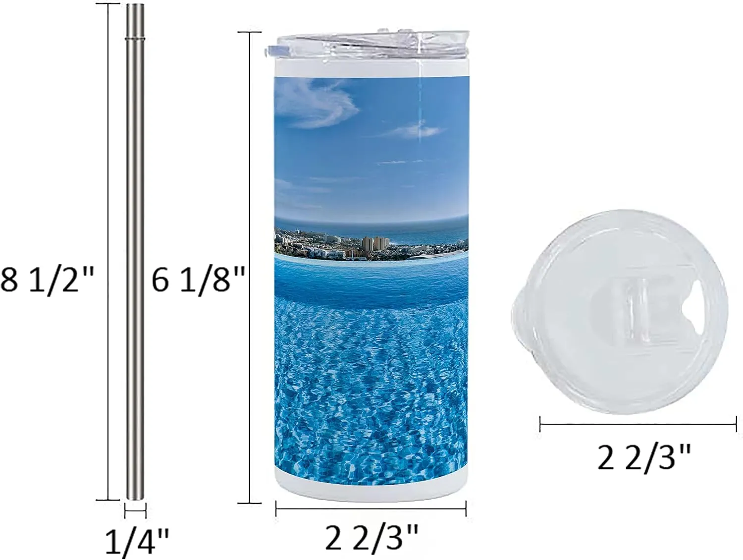 Lunarable Holiday 12 Oz Skinny Tumbler, View from Infinity Swimming Pool Tropical Seaside Villa Seascape Travel Destination Print, Vacuum Insulated Travel Canteen Cup Leakproof for Travel Picnic, Blue