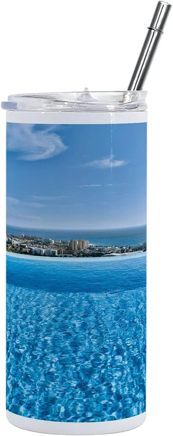 Lunarable Holiday 12 Oz Skinny Tumbler, View from Infinity Swimming Pool Tropical Seaside Villa Seascape Travel Destination Print, Vacuum Insulated Travel Canteen Cup Leakproof for Travel Picnic, Blue