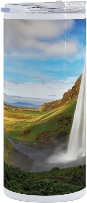 Lunarable Waterfall 12 Oz Skinny Tumbler, Mountain Waterfalls on the Iceland Landmark Picture Summertime Wilderness Print, Vacuum Insulated Travel Canteen Cup Leakproof for Travel Picnic, Multicolor