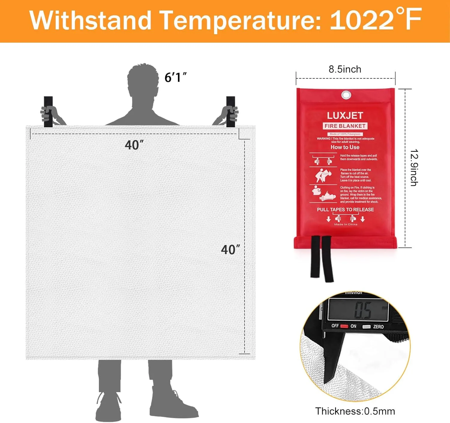 LUXJET Emergency Fire Blanket for Home, Kitchen, Camping, Boat, Car & Office, Amusement Building - Fiberglass Suppression