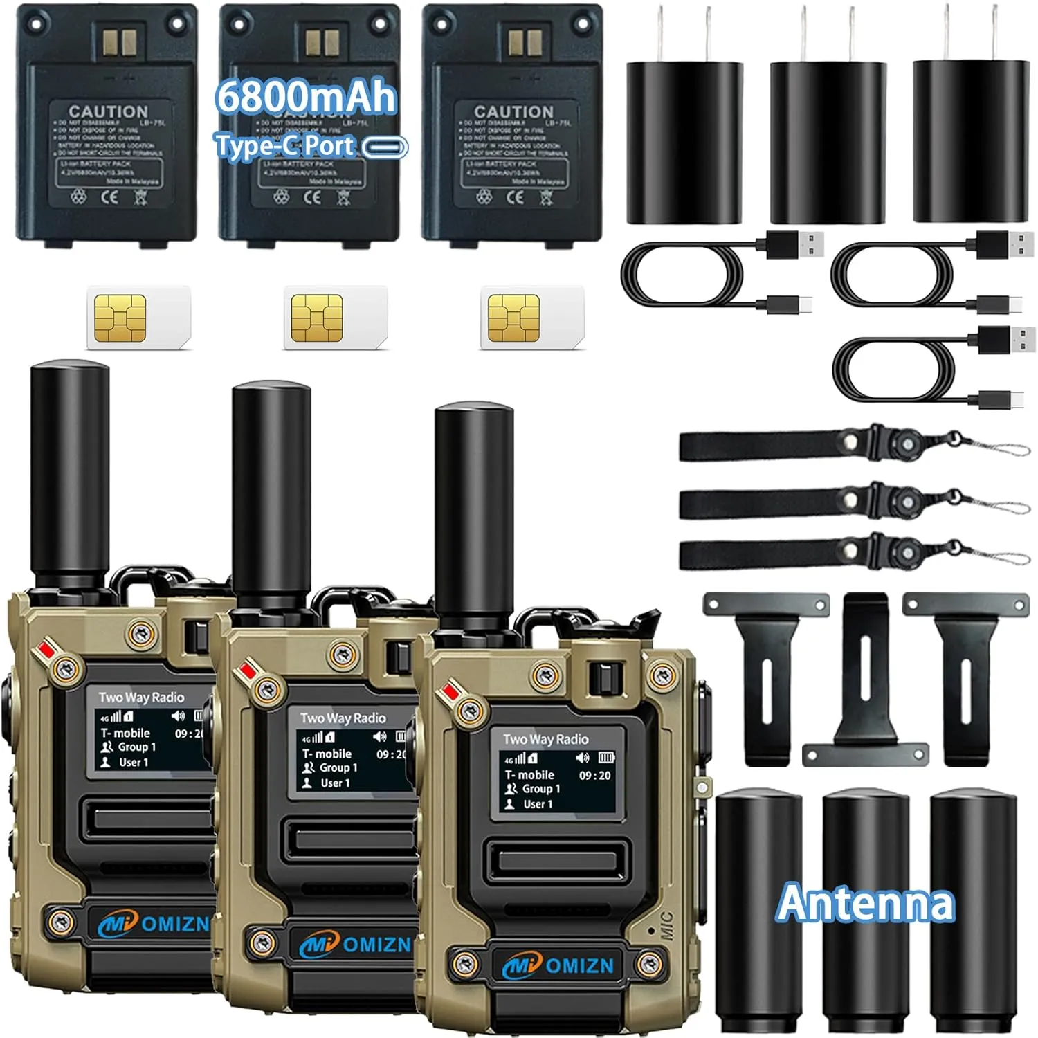 M8 Global Walkie Talkie with SIM Card Unlimited Range Cellular Network PoC Two Way Radio Long Range 6800mAh AES256 IP54 Shockproof Noise Reduction Type-C Charging Monitor 3 Pack